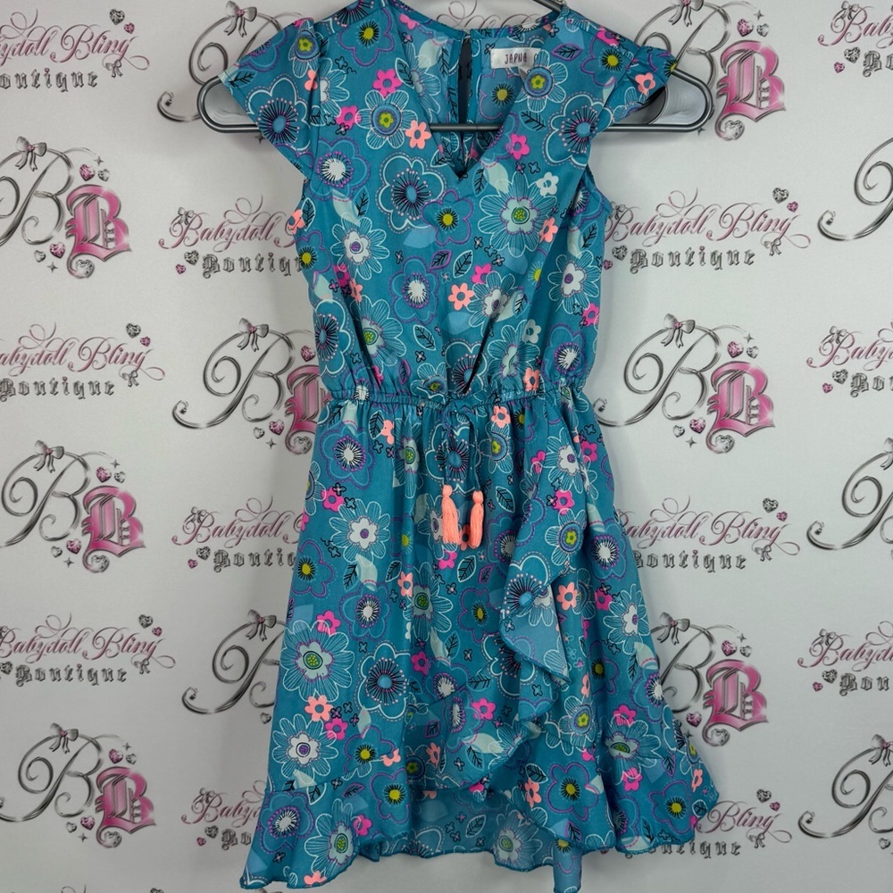 Japna dress neon bright flowers tassle belt tie belt Girls Blue Floral Dress
